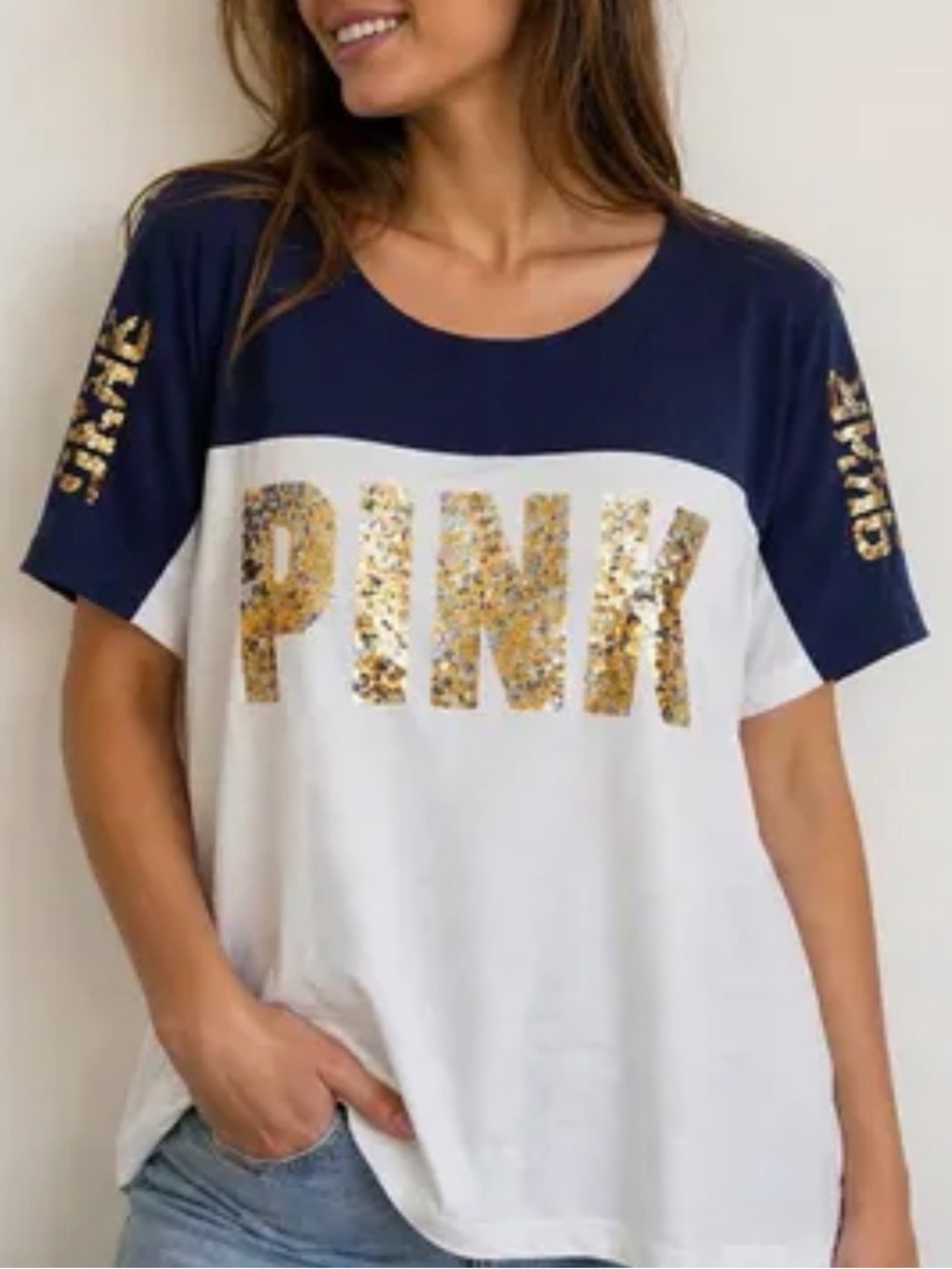 Victorias Secret PINK Y2K Sequin Bling Preppy Logo Campus Tee Shirt Colorblock S